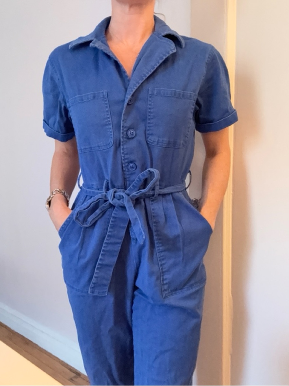 •Blue Utility Jumpsuit with Tie Waist•